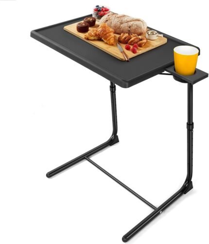 Multifunctional Adjustable TV Tray Table – 6 Heights, 3 Tilt Angles, Cup Holder – Foldable & Durable Black Plastic