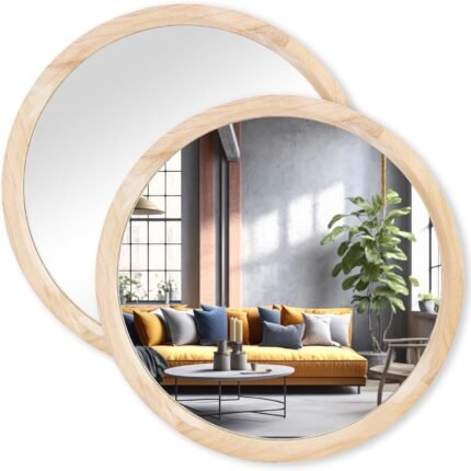 Round Wall Mirror Set of 2 – Small Round Wooden Mirrors for Nursery, Bedroom, Living Room, Durable Wood Frame with Anti-Shatter Backing & High Definition