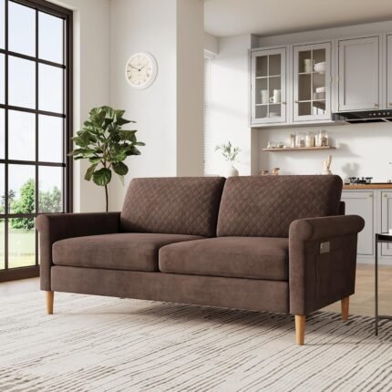 65" Brown Loveseat, Comfy Mid-Century Modern 2-Seat Sofa, No-Tool Assembly Small Couch for Living Room