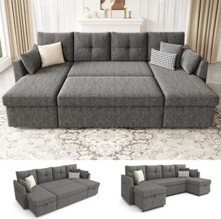 Oversized Sleeper Sofa Couch, 110 inch 2 in 1 Pullout Couch Bed with Double Storage Chaise, Sectional Sleeper Sofa Bed with Side Pocket